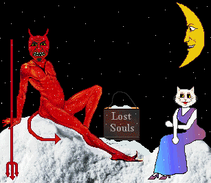 Devil and cat on ice covered rocks