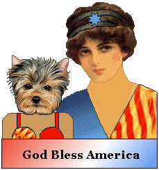 Patriotic: God Bless America: Dog and woman in flag dress