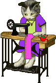 Animated cat sews at vintage sewing machine
