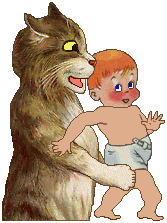 animated cat holds baby