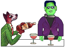 Dog serves wine to Frankenstein