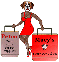 doggie holds Maycs and Petco shopping bags