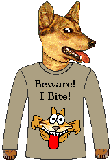 dog wears tee shirt: I bite