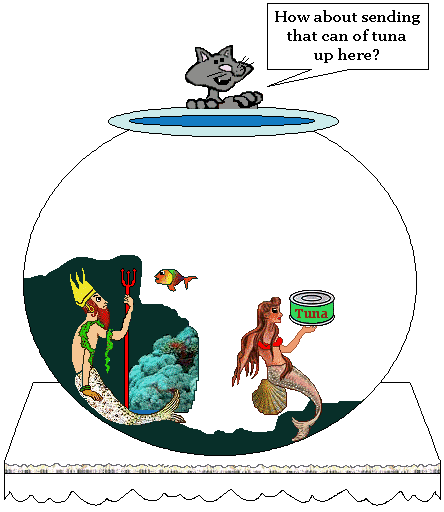 Neptune and mermaid in fish bowl