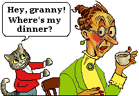 Cat asks old lady for dinner
