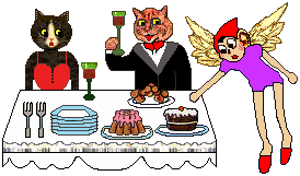 Cats at table. Elf wants cake