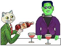 Halloween: cat and Frankenstein drink wine