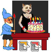 Elf artist paints cat and birthday cake