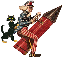 Cat and Uncle Sam ride 4th of July rocket
