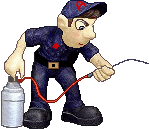 Cartoon exterminator getting rid of mouse