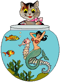 Cat sees mermaid riding seahorse in fishbowl