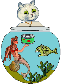 Cat sees mermaid in fishbowl with can of tuna